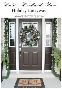 See my Christmas Entryway Decor with Winter Woodland Glam style! Front door wreath and garland decor, urns filled with greenery and birch. www.settingforfour.com