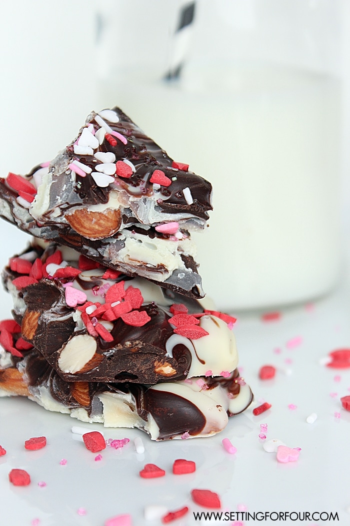 Recipe forDouble Chocolate Bark with Valentine's sprinkles. Gift in a mason jar. #funfood #chocolate #recipe #valentinesday #galentinesday #party #partyfavors #sprinkles