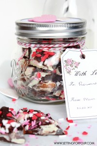 Easy to make Valentine's Day gift! Chocolate Bark in a Mason Jar with FREE vintage blossom printable gift tag! www.settingforfour.com