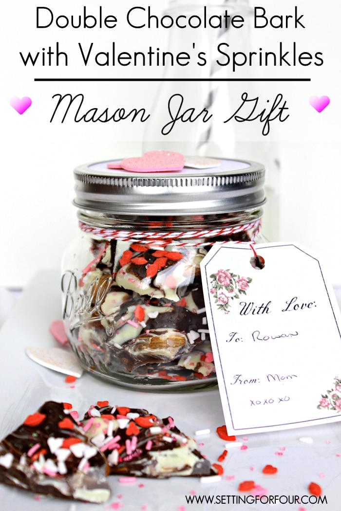 Double Chocolate Bark with Valentine's Sprinkles - Mason Jar gift idea! #chocolate #diy #funfood #valentinesday #wedding #party #giftidea #teachersgift #galentinesday #kidsgift #masonjar