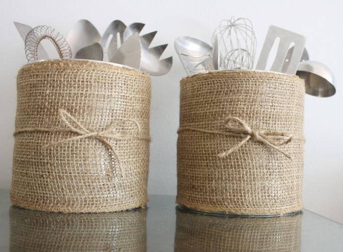 Beautiful DIY Burlap upcycled coffee can Utensil Organizers and Storage Idea for the kitchen