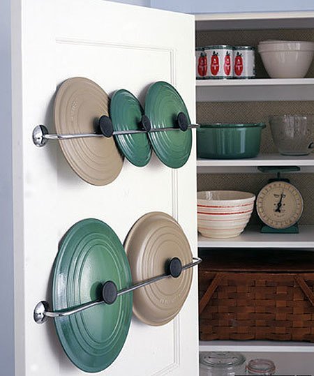 Make use of your doos with these Towel Bar Pot Lid Organizers and 10 Creative and Budget Friendly Kitchen Organization and Storage Ideas to help us kick Kitchen clutter to the curb! www.settingforfour.com