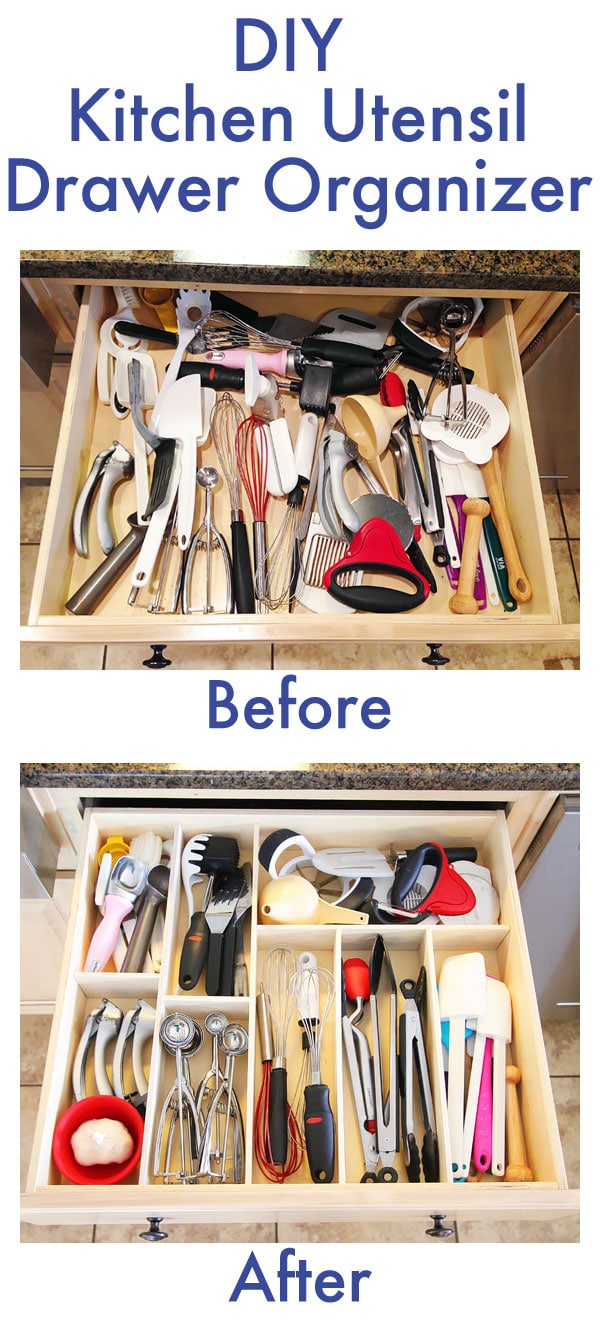 DIY wood kitchen drawer organizer to organize kitchen utensils.