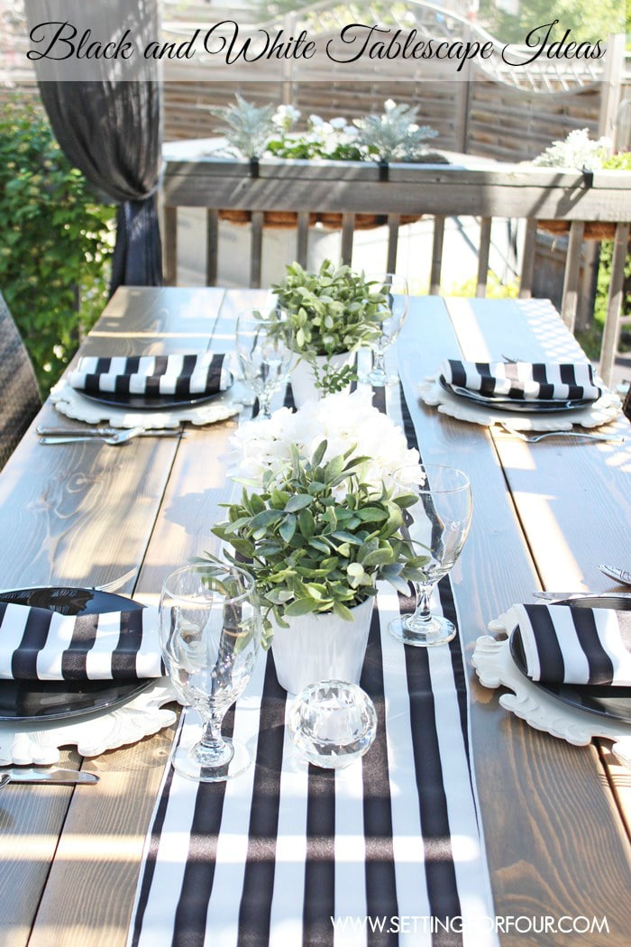 Black and White Tablescape Decor ideas. This table setting is so striking! www.settingforfour.com