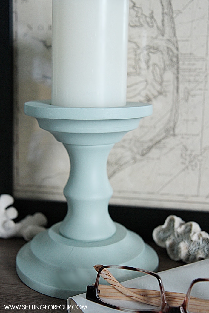 See how I turn thrift store finds into beautiful DIY home decor! Inexpensive painted candlesticks for Beautiful Home Decor! Great home staging idea!