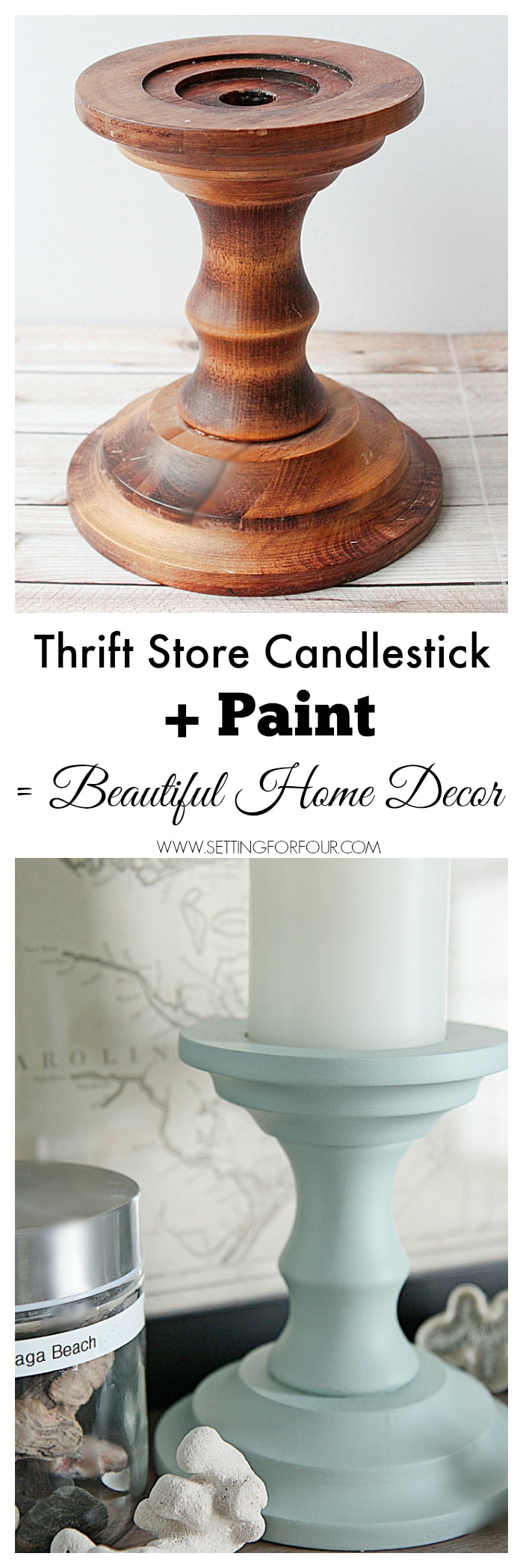 Painted Candlesticks - Beautiful DIY Home Decor: See how I turn thrift store finds into beautiful DIY home decor! See this tutorial to learn how to make inexpensive thrift store candlesticks this gorgeous blue color to make Beautiful Home Decor ON A BUDGET!