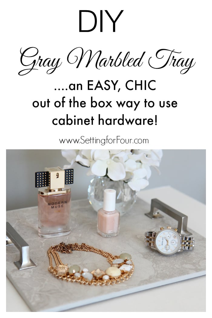 This is such a clever OUT OF THE BOX diy decor idea! Easy, inexpensive and stylish Gray Marbled DIY Tray made from gorgeous cabinet hardware and floor tile. Use for storage and display! 