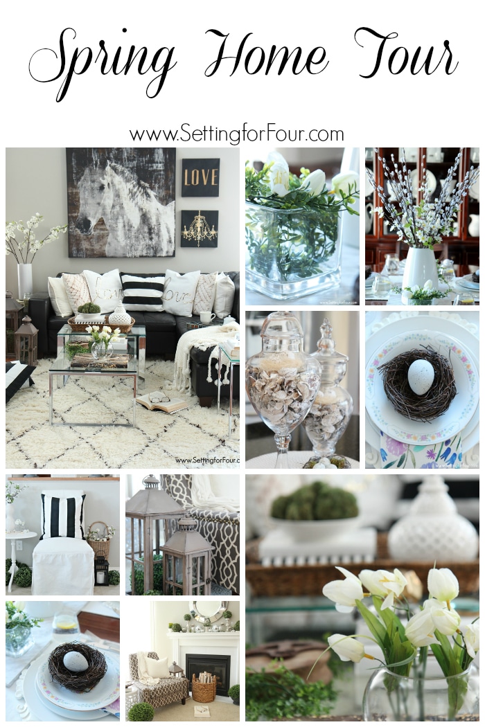 Come see my Spring Home tour - I'm sharing loads of Spring decorating ideas for the foyer, living room, family room, dining room and mantel decor ideas! www.settingforfour.com