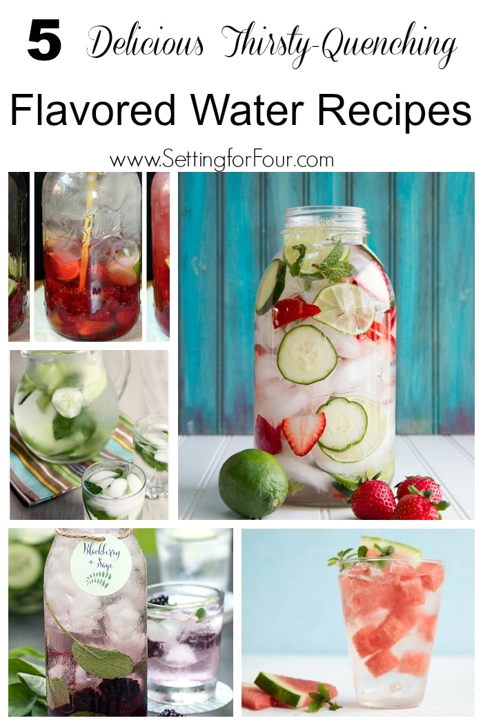 Flavored Water is not only easy and quick to make but is so healthy too!  Here are 5 Delicious Thirsty-Quenching Flavored Water Ideas. Low sugar, high flavor drink recipes made with fruit and herbs.