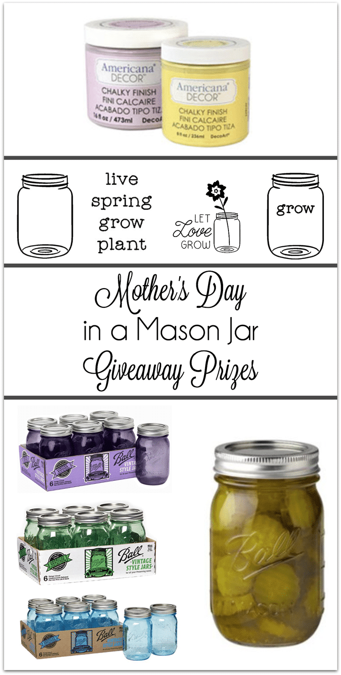 Enter this Mother's Day in a Mason Jar Giveaway and make your own Mother's Day gifts! Prizes include Ball Mason Jars, DecoArt Americana Chalky Finish Paint and Decorating your Life vinyl. www.settingforfour.com