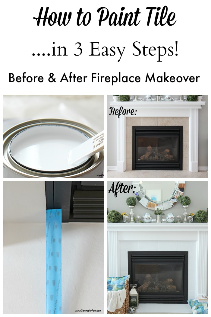 How to Paint Tile in 3 Easy Steps! NO SANDING REQUIRED! Before and After DIY Painted Fireplace Makeover. www.settingforfour.com