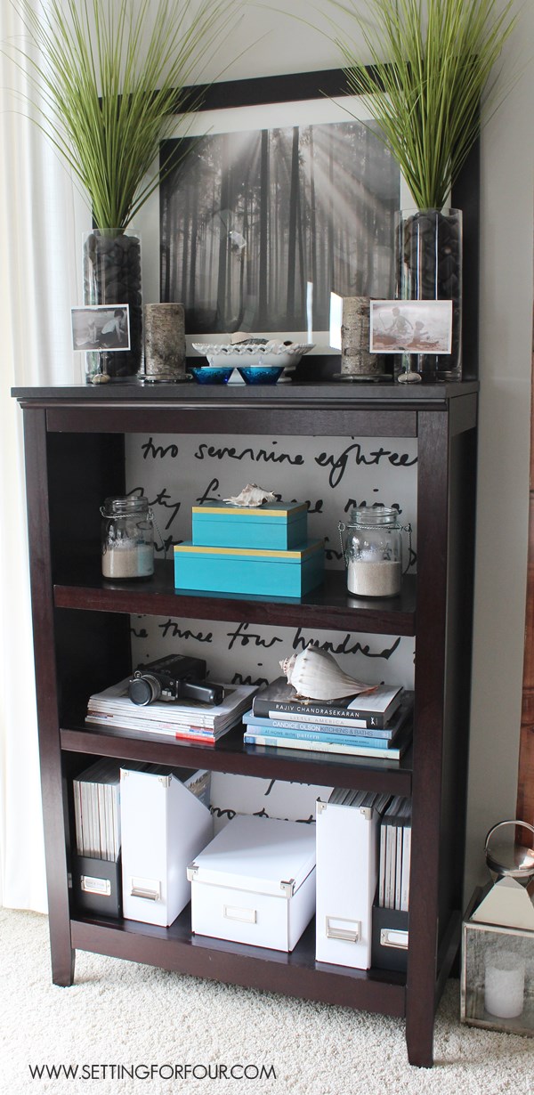 DIY Home Decor Idea:Fabric Lined Bookshelf Makeover.