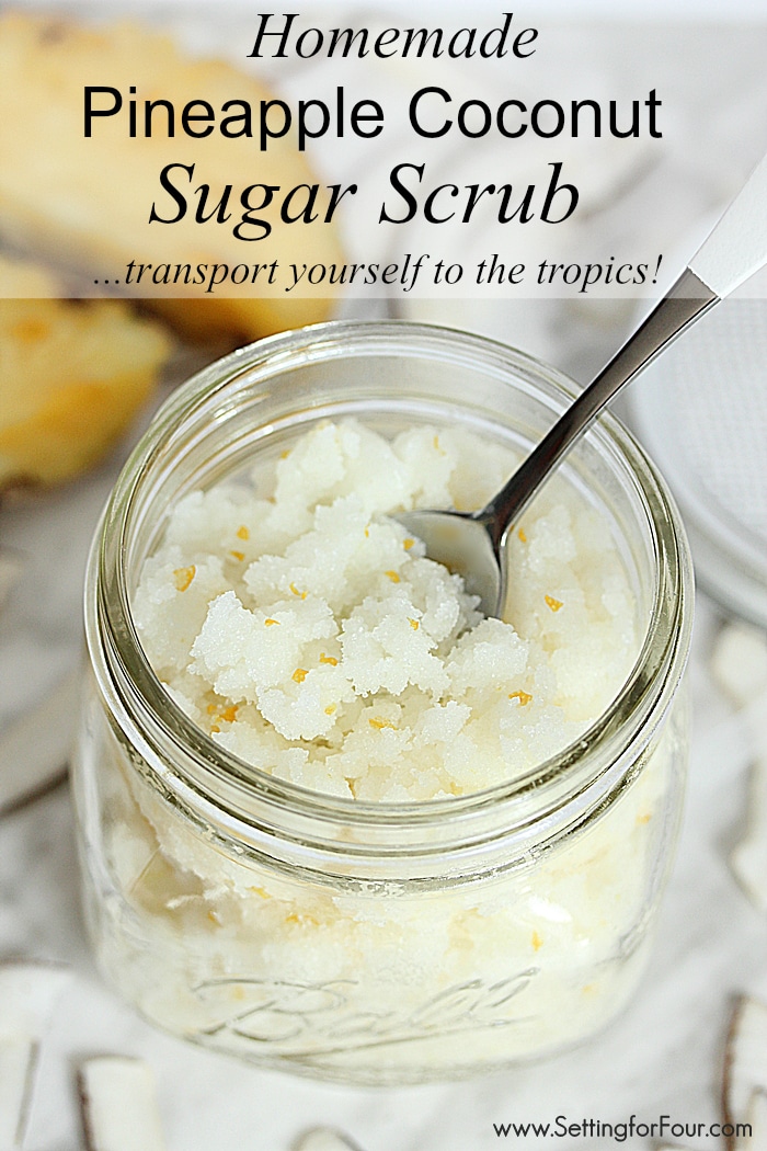 This moisturizing DIY Pina Colada Sugar Scrub will transport you to the tropics with it's Pineapple and Coconut scent! Makes a great last minute gift idea!