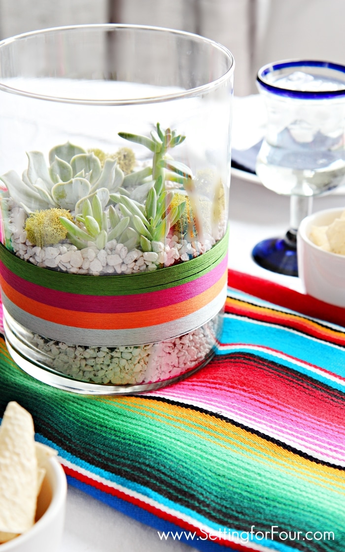 EASY and Beautiful! DIY Succulent Terrarium to celebrate Cinqo de Mayo! GORGEOUS festive table centerpiece or coffee table decor for your Mexican fiesta party!  www.settingforfour.com