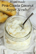 This EASY homemade Pina Colada Coconut Sugar Scrub Recipe will transport you to the tropics with the scent of pineapple and coconuts! It's a FABULOUS way to moisturize and get rid of dry flaky skin! Great gift idea! www.settingforfour.com