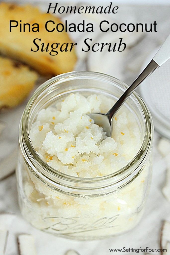 See the ingredients and tutorial directions to make this amazing DIY Pina Colada Coconut Sugar Scrub! Smells like a vacation in a jar and contains luscious pineapple and coconut to moisturize your skin! Great gift idea!