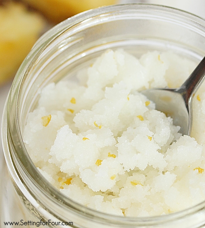 This EASY homemade Pina Colada Coconut Sugar Scrub Recipe will transport you to the tropics with the scent of pineapple and coconuts! It's a FABULOUS way to moisturize and get rid of dry flaky skin! Great gift idea! www.settingforfour.com