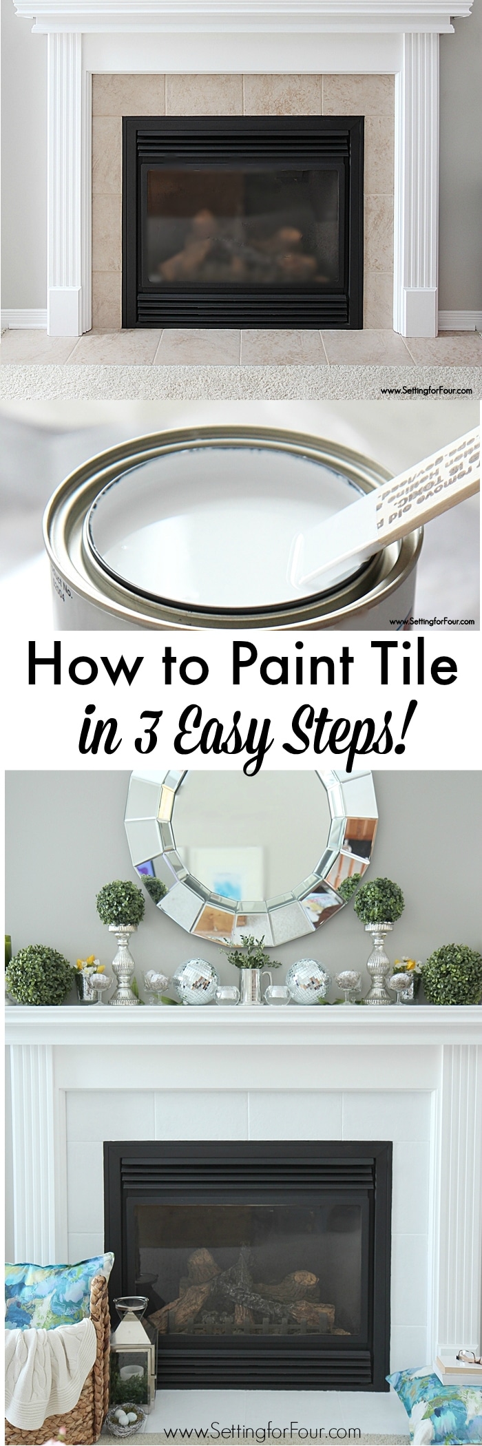 How to paint tile in 3 easy steps!! See how I turned my ugly beige fireplace tile into a fresh white look! 