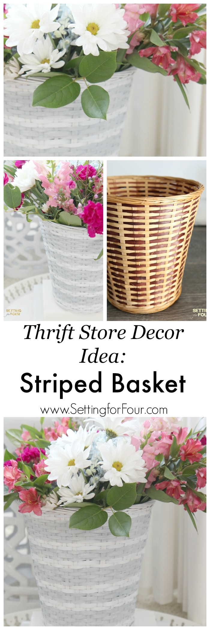 How to decorate your home with style on a budget! Give a dated $3.99 thrift store basket a chic West Elm makeover. West Elm Hack - Striped Basket Makeover.