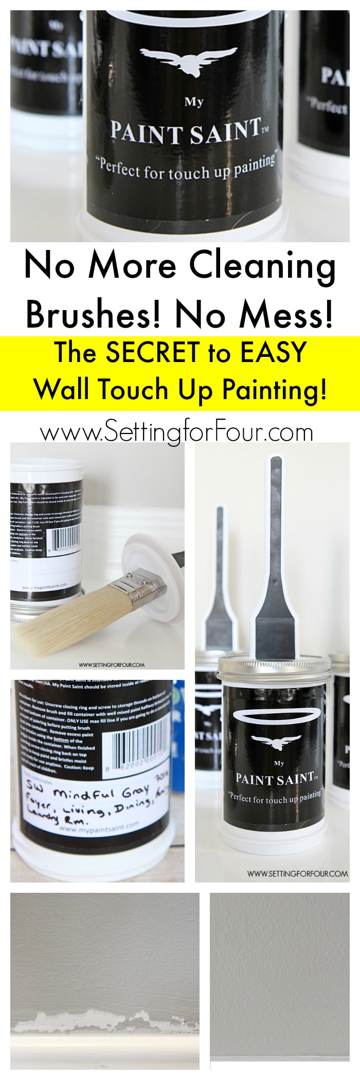 I tried this and am AMAZED! See the SECRET to easy, mess free wall touch up painting! No more cleaning brushes or dealing with old rusted cans of paint- hurray! www.settingforfour.com