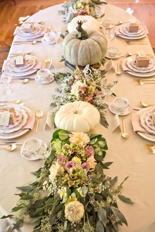 Fall Decor Inspiration  - I love this gorgeous table centerpiece!  Fall flowers in dusty muted fall tones and creamy white and blue pumpkins!