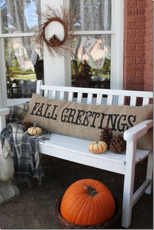 Front Porch Fall decor inspiration! Easy Burlap Fall DIY PIllow - love the fall greetings stencil! www.settingforfour.com