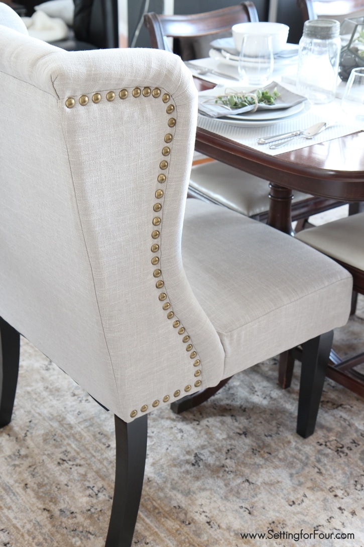 Dining Room Update - shop the look! All resources listed including these gorgeous nailhead, tufted, wingback chairs. www.settingforfour.com