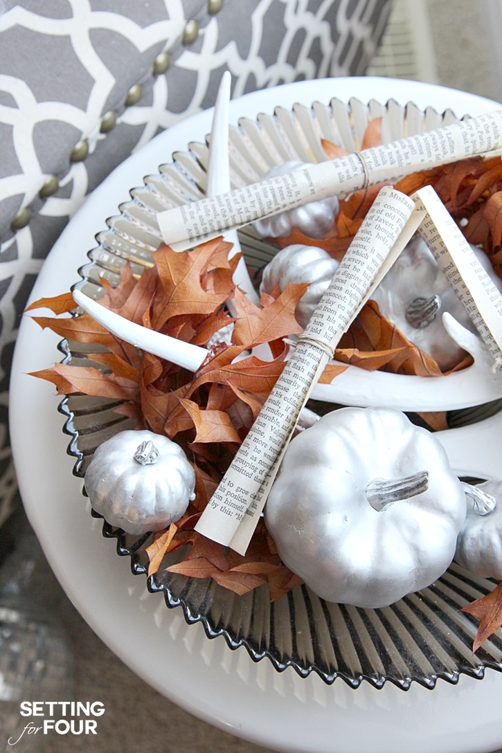 DIY Quick and Easy Fall Centerpiece decor idea using items you have at home. www.settingforfour.com