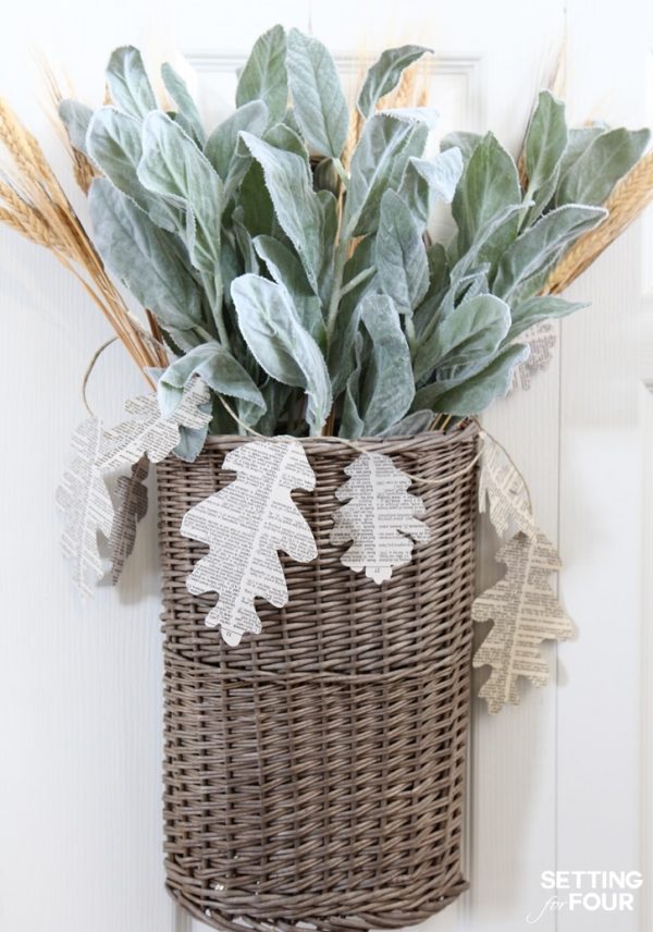 Easy DIY Fall Basket Wreath with Book Page Garland Setting For Four