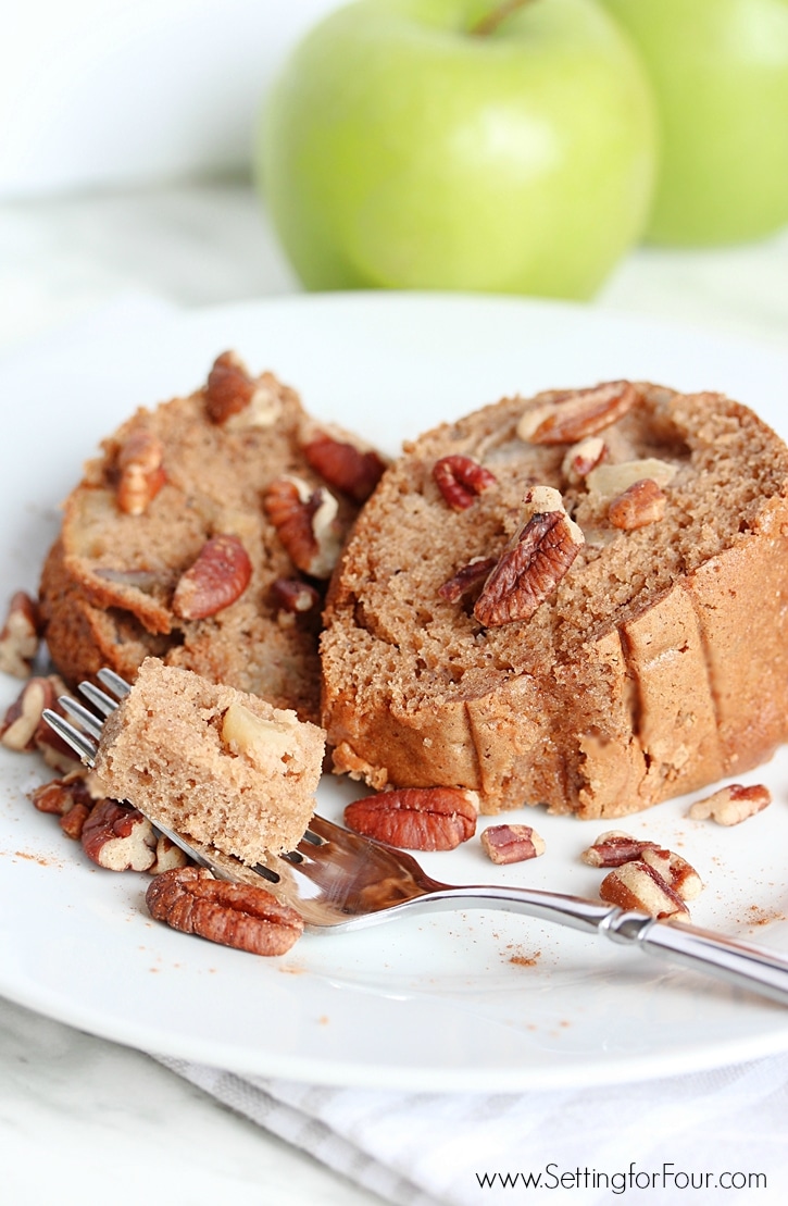 Delicious Extra Easy Apple Cake recipe: loaded with fresh apple and tasty spices! It's a fabulous, quick dessert idea that is a real crowd-pleaser - your family will love it! www.settingforfour.com