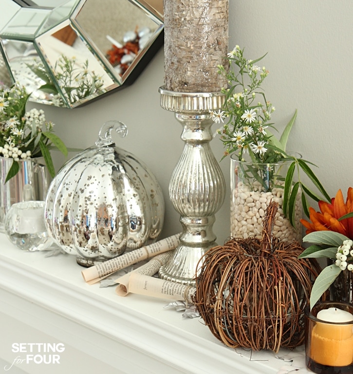 Simple, elegant Fall Mantel Fireplace Decor ideas. How to decorate with natural elements, fall flowers and foliage. www.settingforfour.com