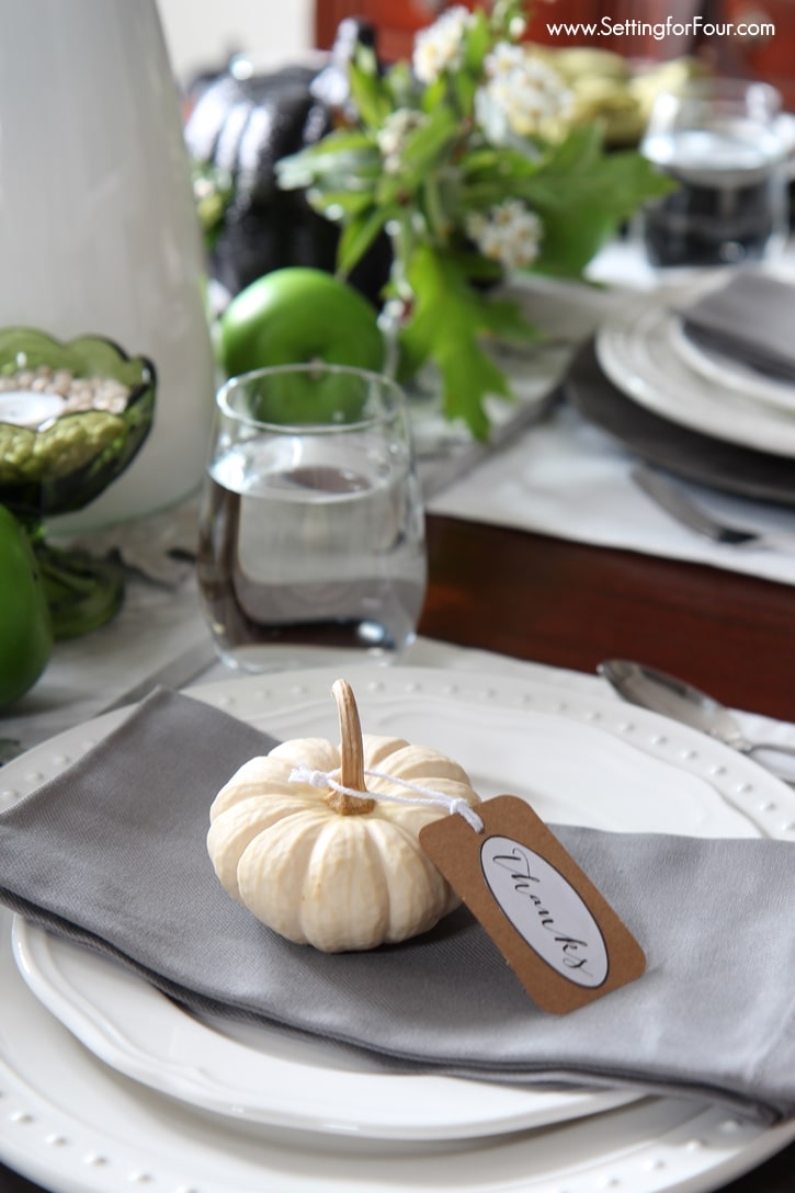 Decorate your Fall and Thanksgiving table, mantel or fill a basket with this easy Pumpkin decor idea with FREE printable tags that say 'Give Thanks for Friends and Family'! www.settingforfour.com