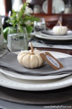 Pumpkin decor with Free Printable Tags. www.settingforfour.com