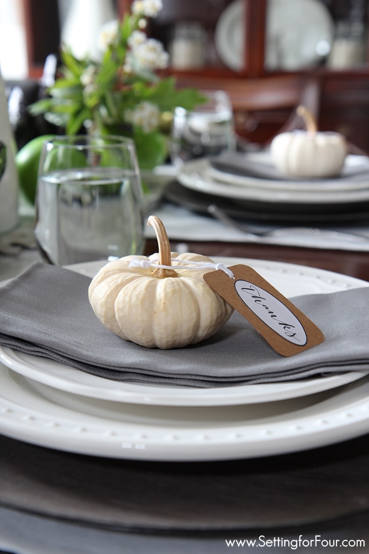 How to add style to your Fall table! How to make an easy DIY Fall centerpiece and elegant pumpkin decor ideas for your Fall or Thanksgiving table! www.settingforfour.com