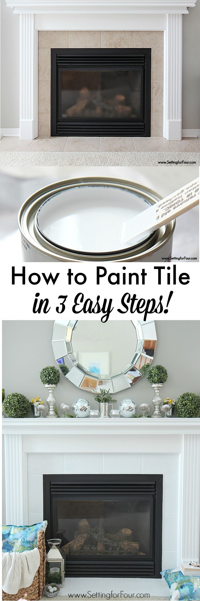 How to Paint Tile in 3 Easy Steps! NO SANDING REQUIRED! Before and After DIY Painted Fireplace Makeover. www.settingforfour.com