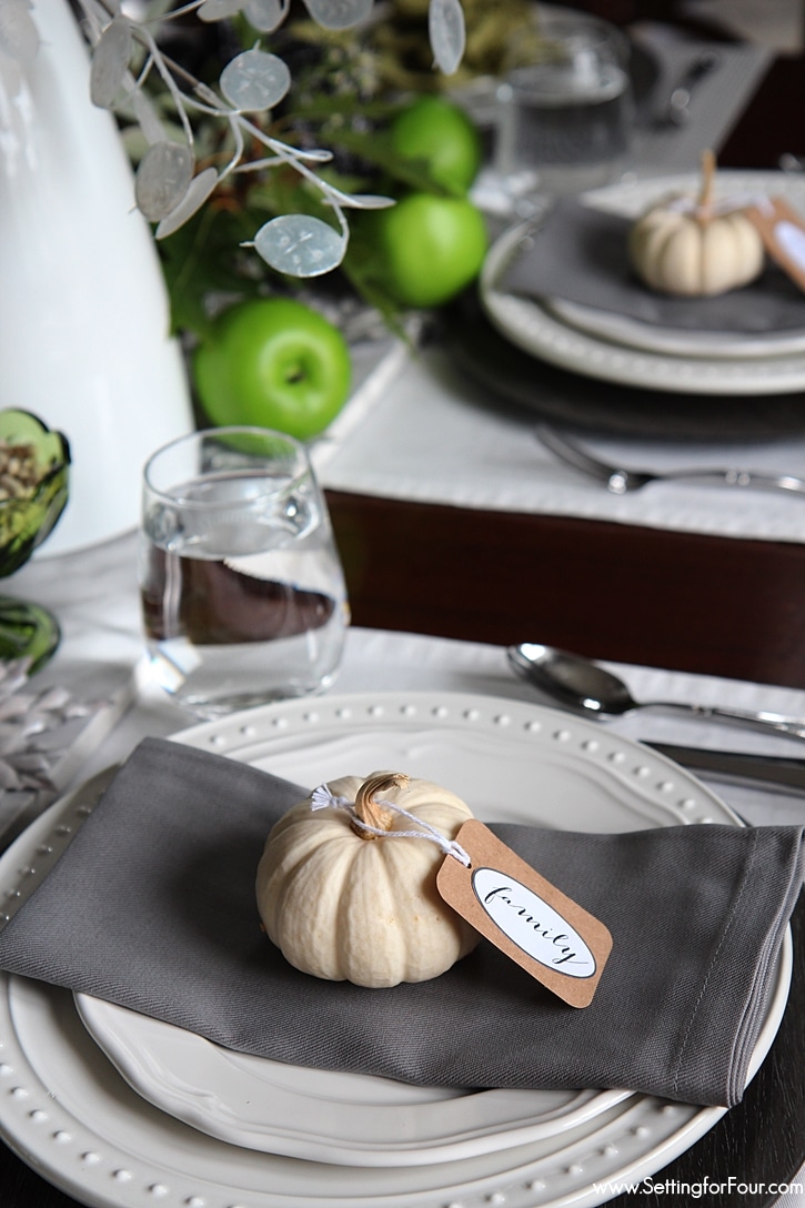 Easy Pumpkin Decor DIY with Printable 'Give Thanks' Tags - perfect for your Thanksgiving Table!