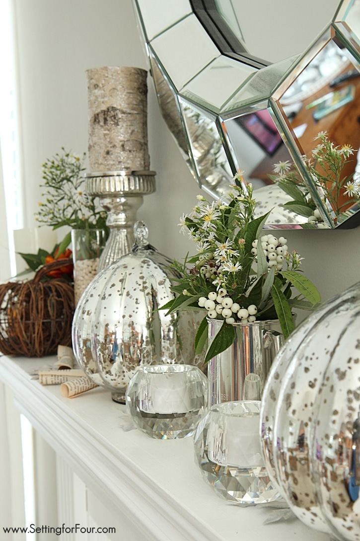 See this design blogger's elegant Fall mantel using lots of neutral colors, metallics, fall wildflowers and natural elements! 