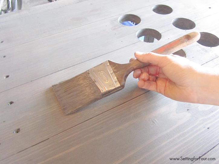 DIY Pallet Wood Potting Bench stained gray - staining instructions and building tutorial included. www.settingforfour.com