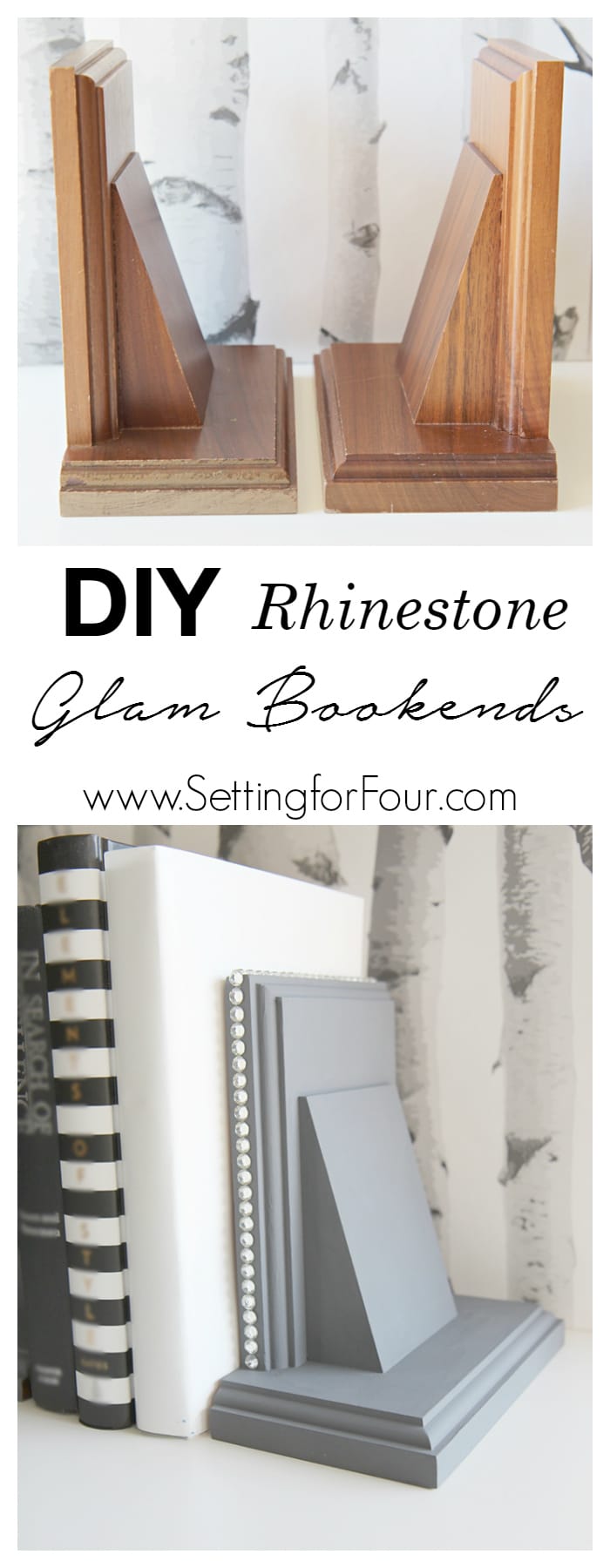 DIY home decor on a budget - How to make DIY Rhinestone Glam Bookends! See the glam makeover I gave two boring thrift store bookends using chalky finish paint and rhinestone studding! Great gift idea. www.settingforfour.com