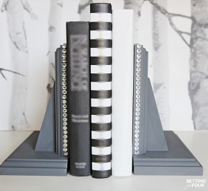 DIY home decor on a budget - How to make DIY Rhinestone Glam Bookends! See the glam makeover I gave two boring thrift store bookends using chalky finish paint and rhinestone studding! Great gift idea- these bookends plus a couple of books is a fast and easy present! 