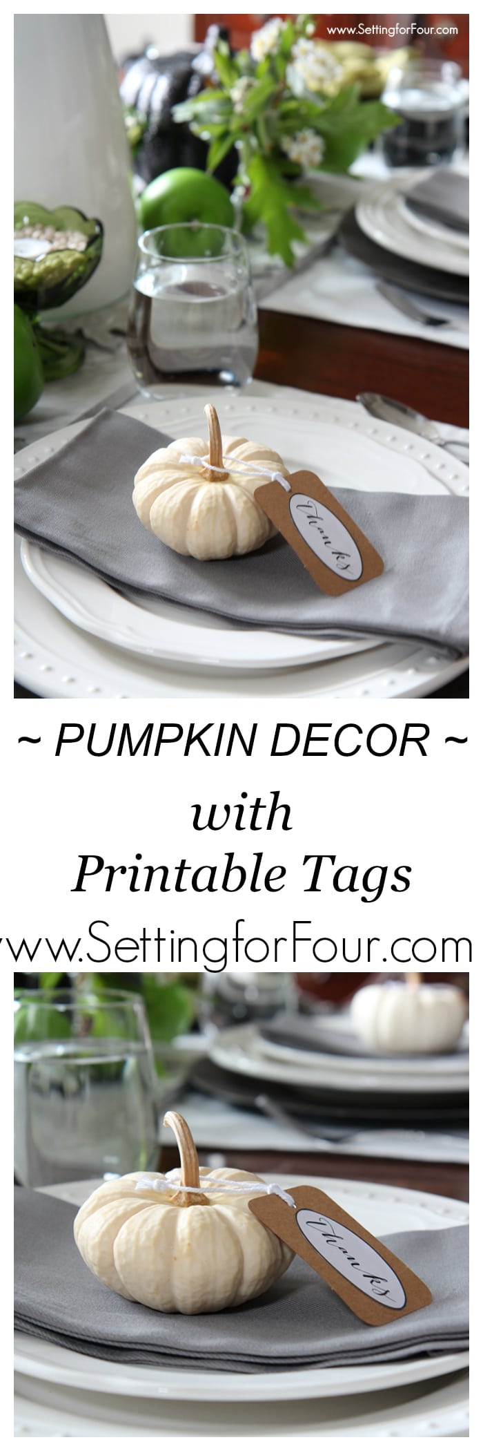 Decorate your Fall and Thanksgiving table, mantel or fill a basket with this easy Pumpkin decor idea with FREE printable tags that say 'Give Thanks for Friends and Family'! www.settingforfour.com