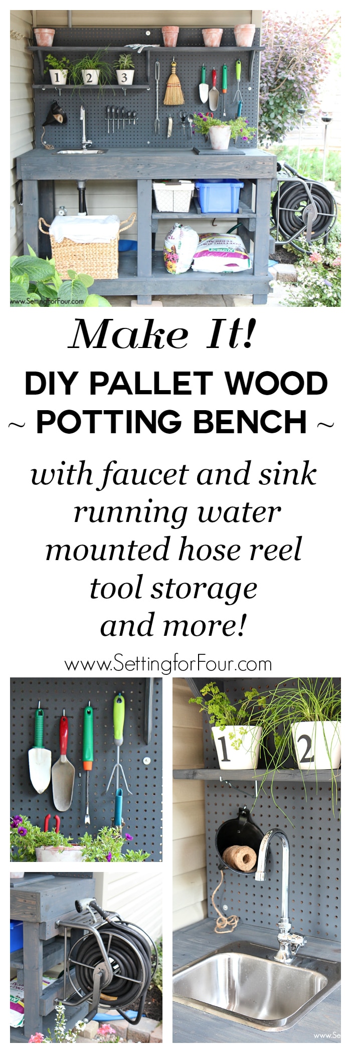 DIY Pallet Wood Potting Bench with storage, faucet, sink and hose!