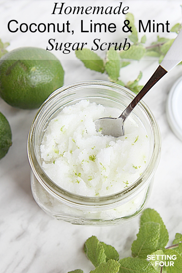 This DIY Lime Mint Sugar Scrub smells like a vacation in a jar! Great gift idea! Rich, moisturizing coconut oil mixed with exfoliating sugar not only feels fabulous but gets rid of flaky skin in a jiffy! www.settingforfour.com