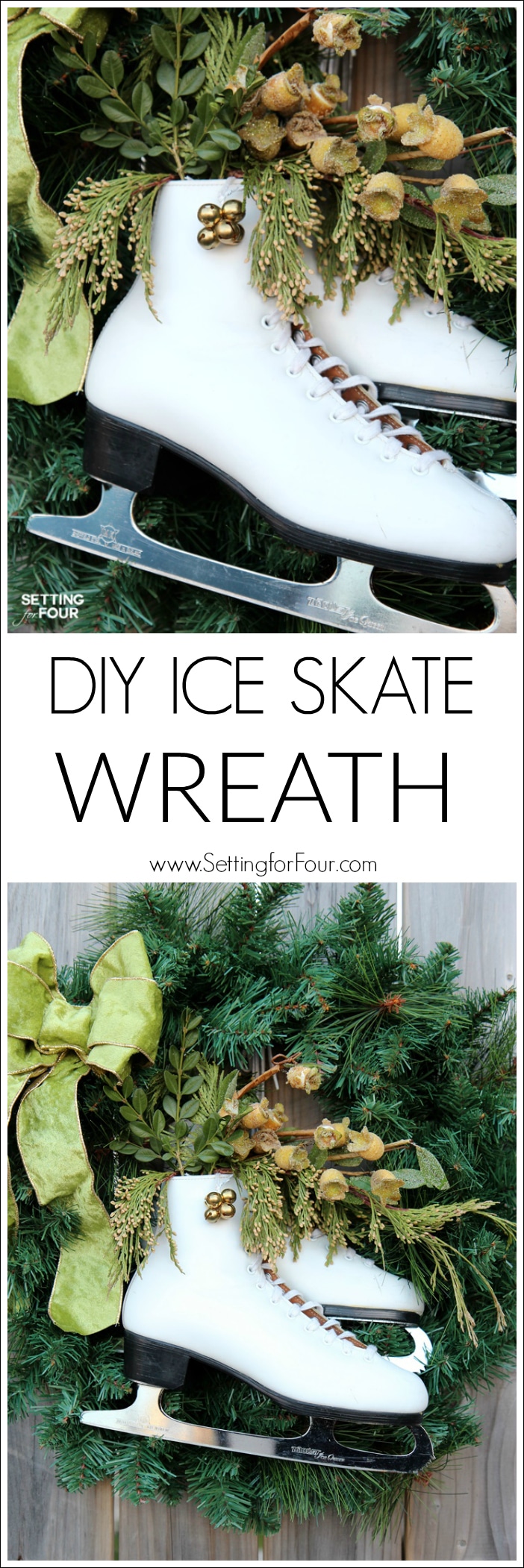 Learn how to make this easy, beautiful DIY ice skate wreath to add festive decor to your home for Christmas and winter! Adds curb appeal to your front door for the holidays!