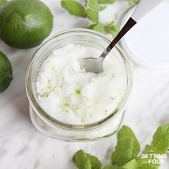 This DIY Lime Mint Sugar Scrub smells like a vacation in a jar and gets rid of dry skin in a jiffy! Great gift idea! www.settingforfour.com