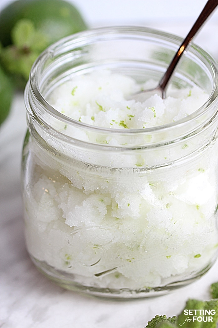 This DIY Lime Mint Sugar Scrub smells like a vacation in a jar and gets rid of dry skin in a jiffy! Great gift idea! www.settingforfour.com