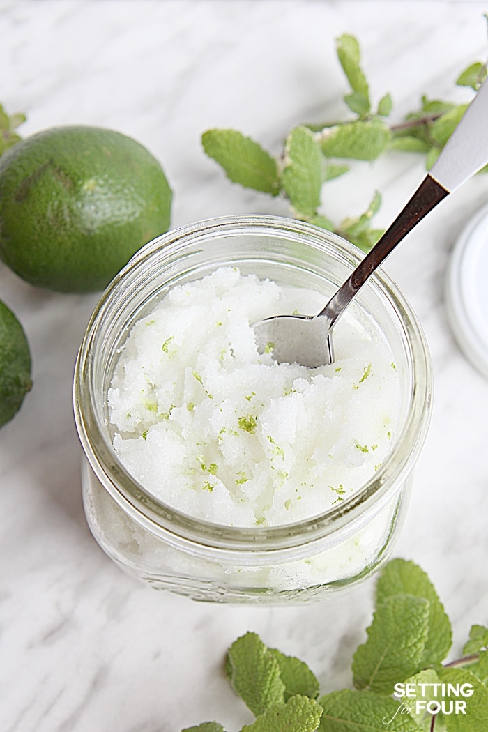 This DIY Lime Mint Sugar Scrub smells like a vacation in a jar and gets rid of dry skin in a jiffy! Great gift idea! www.settingforfour.com