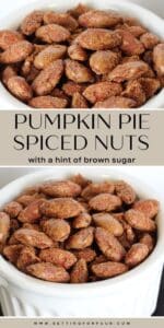 Easy Pumpkin Pie Spiced Nuts Recipe. Homemade snack for Fall, Thanksgiving, Winter, Super Bowl, game night and the holidays. Food gift idea.
