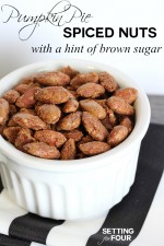 This easy recipe for delicious Pumpkin Pie Spiced Nuts is completely addictive! Makes the perfect snack for game night, holiday parties and great idea for holiday gift giving too! www.settingforfour.com