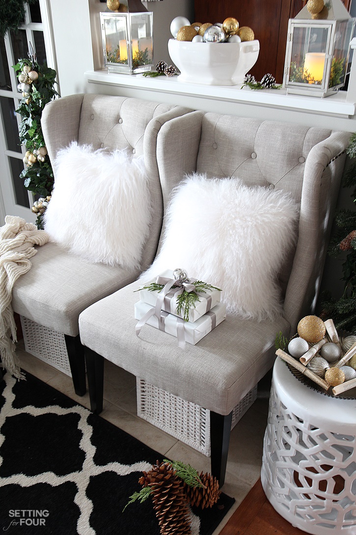 Welcome to my Woodland Chic Christmas home tour with Country Living Magazine! See my Christmas foyer and get tons of decor ideas using glam, shimmer, metallics and shine mixed with lots of natural elements, woodland icons and neutrals! www.settingforfour.com